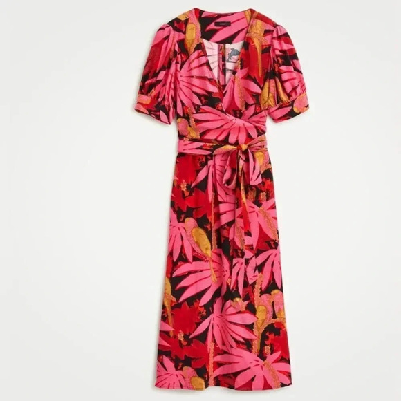 NEW J Crew Luxurious Red Gold Burgundy Palm Faux Wrap Midi Dress - Picture 5 of 13